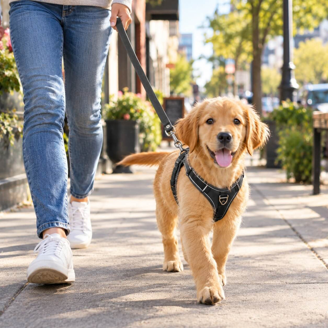 Promenade citadine avec un chiot enjoué