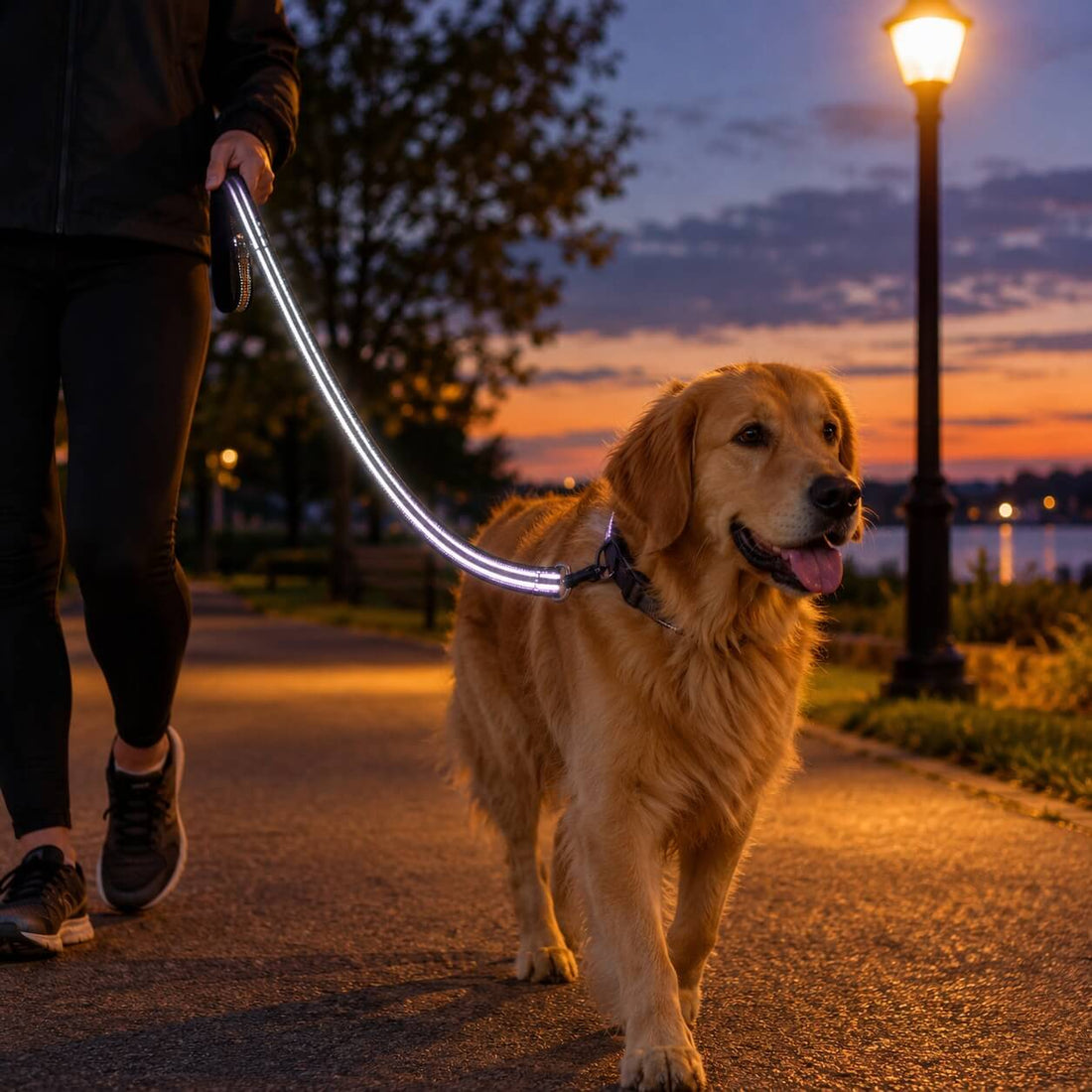 Promenade crépusculaire avec un golden heureux