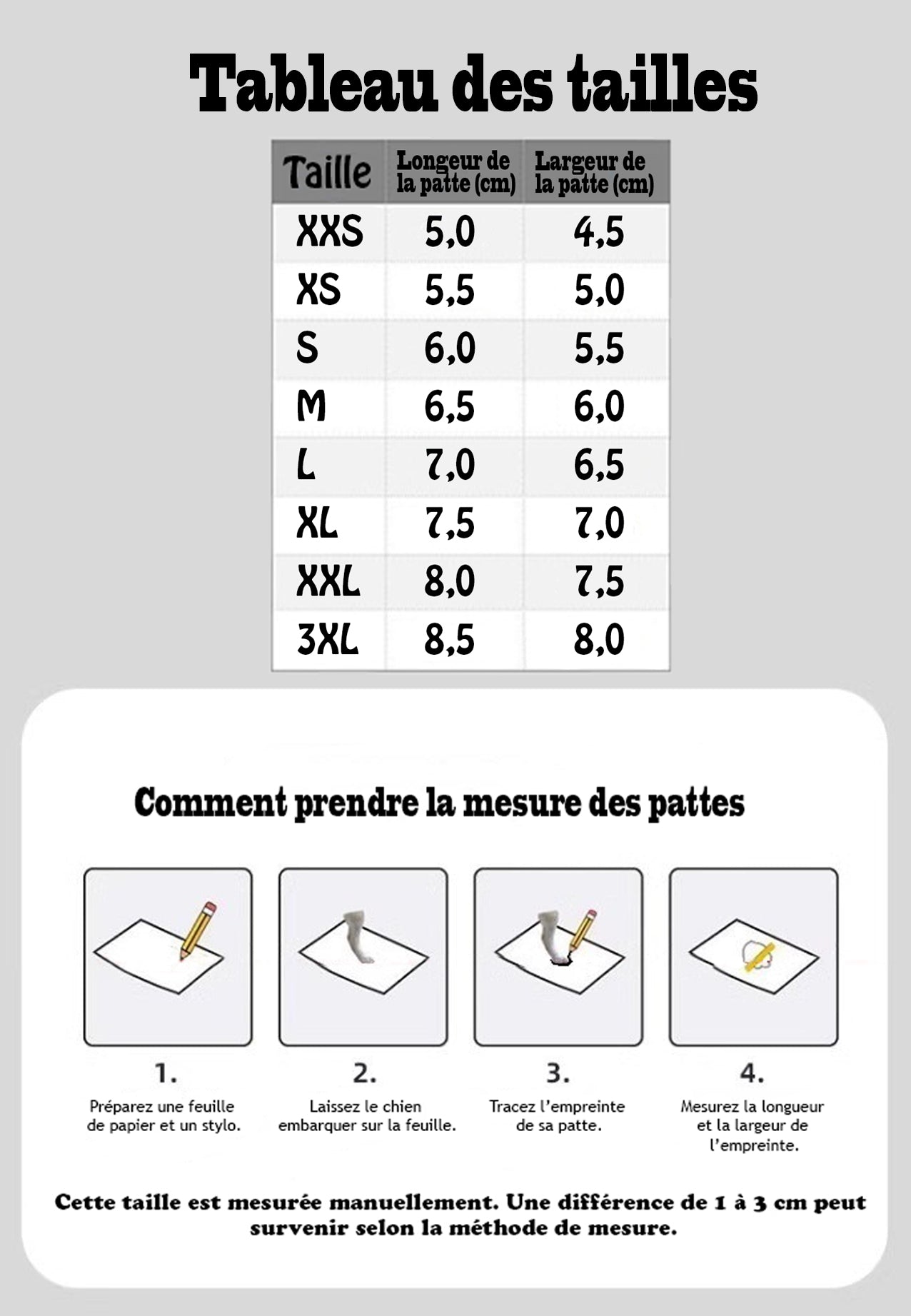 Chaussure pour Chien - AllSeasonDog™ tableau des tailles