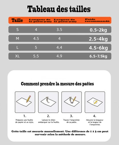 Chaussures chien - CuttieBoots™ tableau des tailles