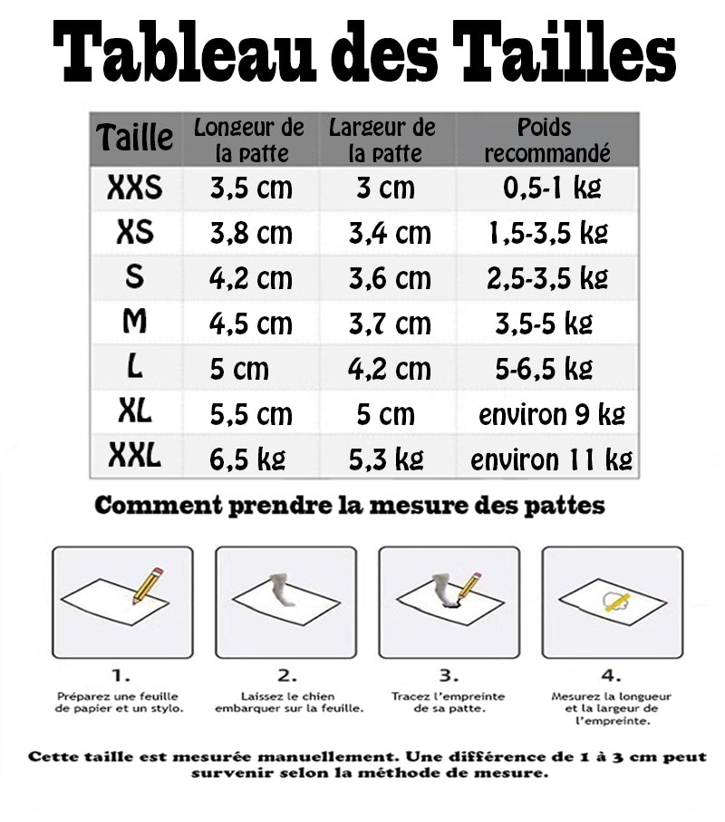 Chaussures chien - EasyPutOn™ tableau des tailles