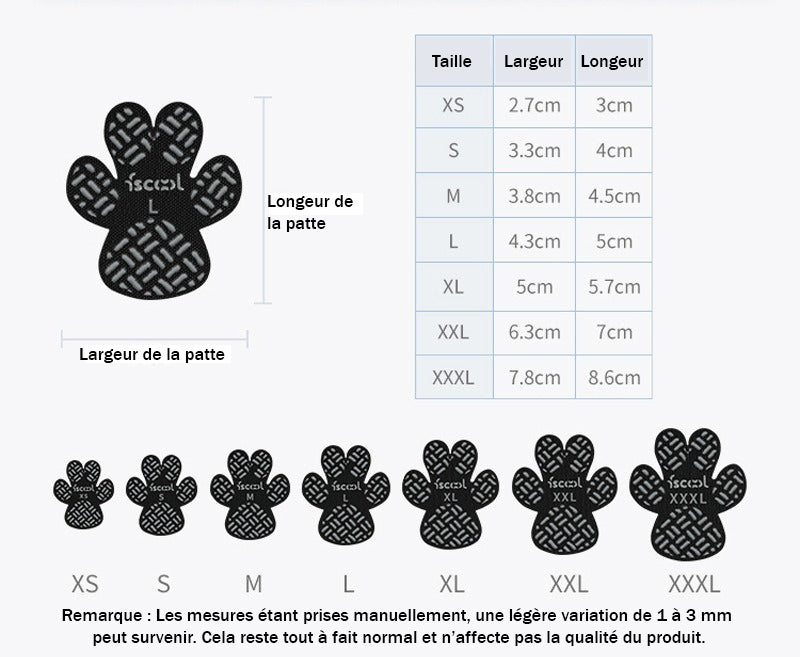 Chaussures pour Chien Antidérapantes - DogCushionProtect™ tableau des tailles