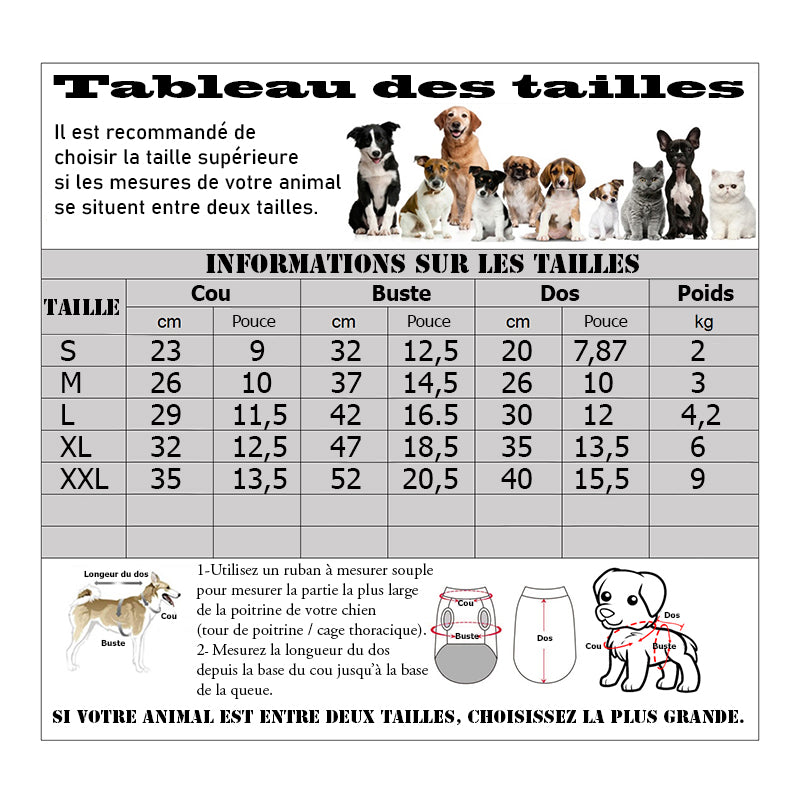 Manteau chien - JeansDoggyStyle™ tableau des tailles