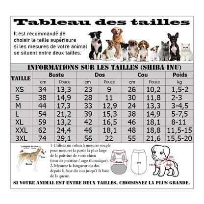 Manteau pour chien - HotPadJacket™ tableau des tailles