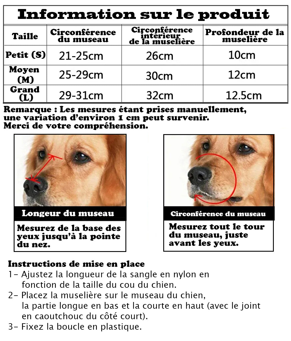 Muselière - SilyConfort™ tableau des tailles