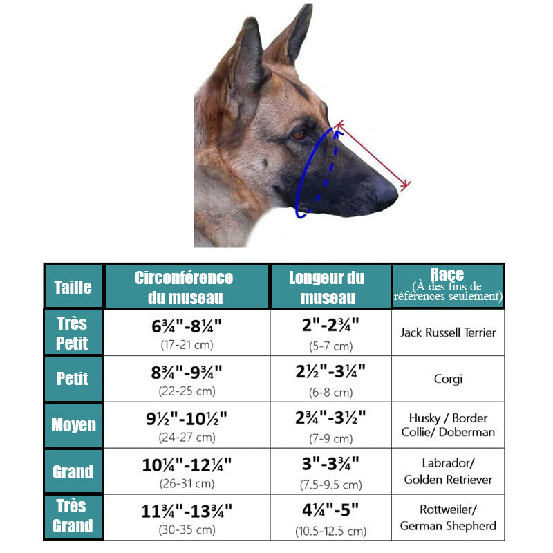 Muselière chien - SimpleKnitted™ tableau des tailles