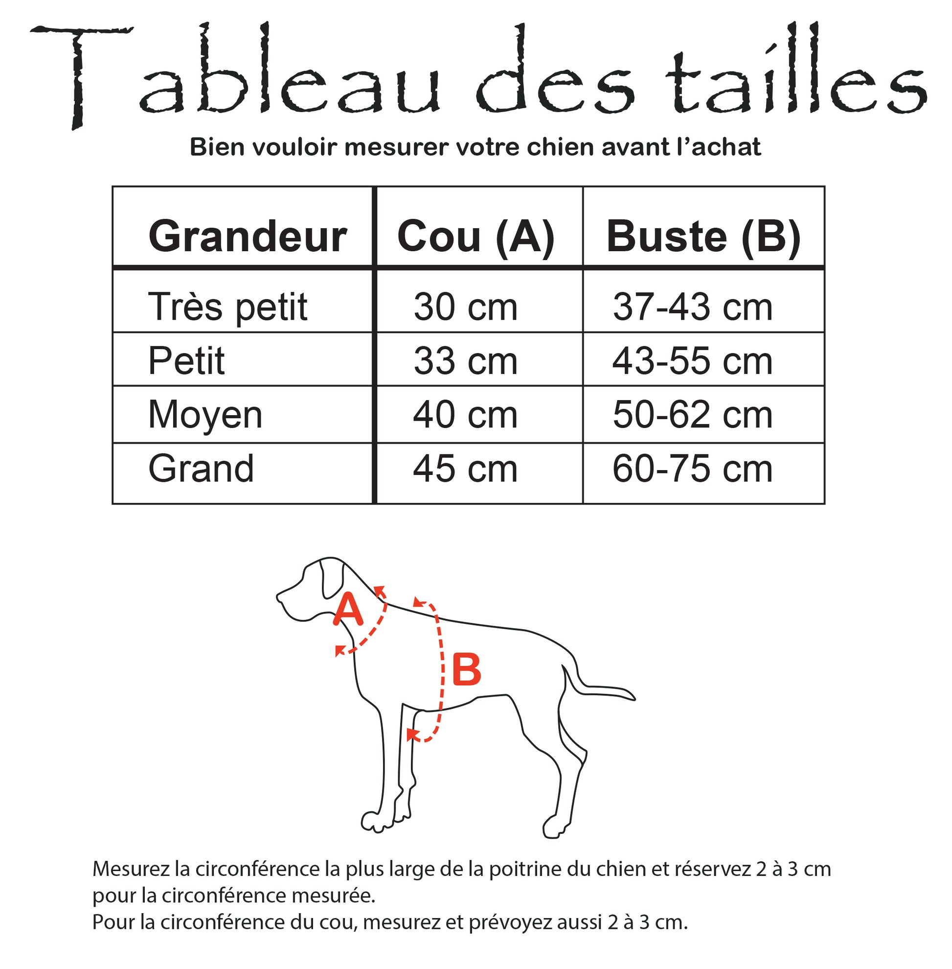 tableau des tailles