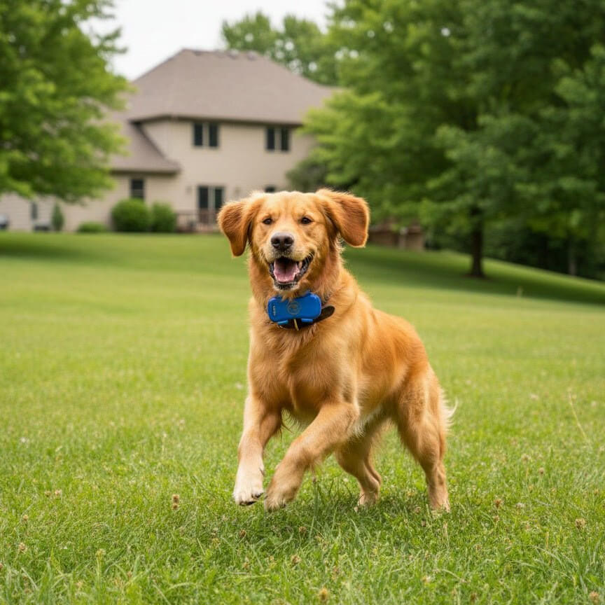 Traceur gps Chien - BlueFoundDog™ dans la cours arrière